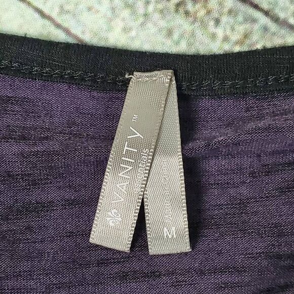 Vanity Essentials Purple Black Raglan Top Women’s Size M Crochet Detail 3/4 Slee - Picture 6 of 10